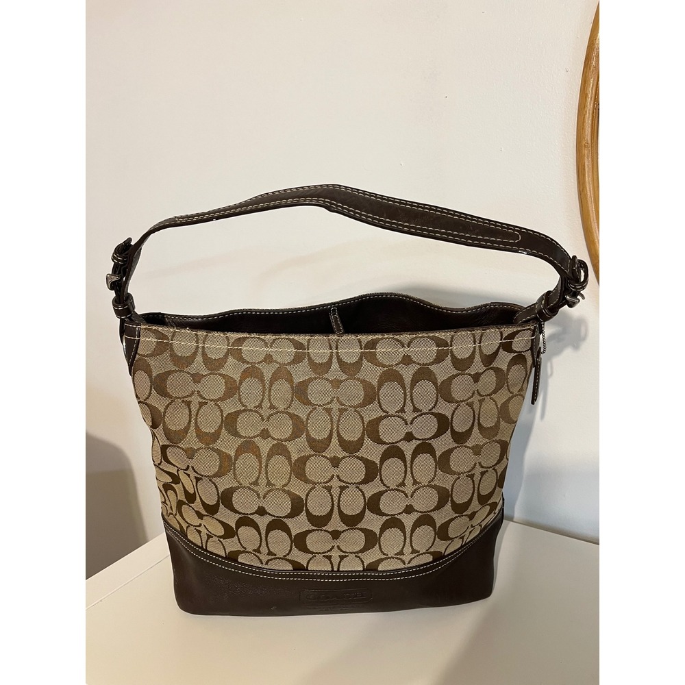 Coach Signature Jacquard Canvas Brown Leather Hobo Shoulder Bag Tote 10508